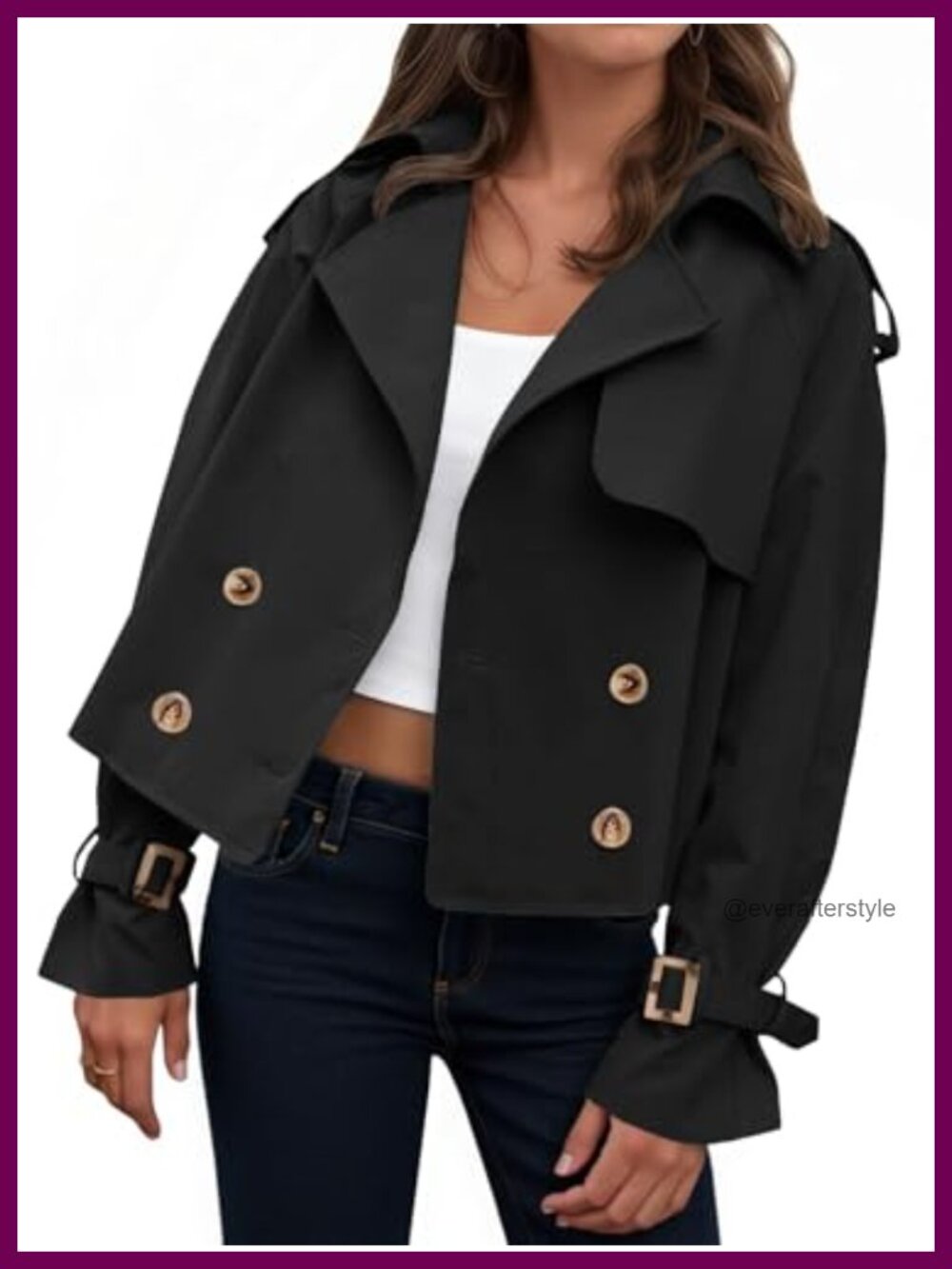 Cropped Trench Coat Double Breasted Lapel Long Sleeve Loose Fit